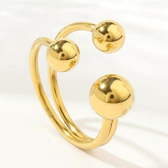 Cuff Ring Adjustable Inlaid Three Golden Beads Stainless Steel - Picture 5 of 5